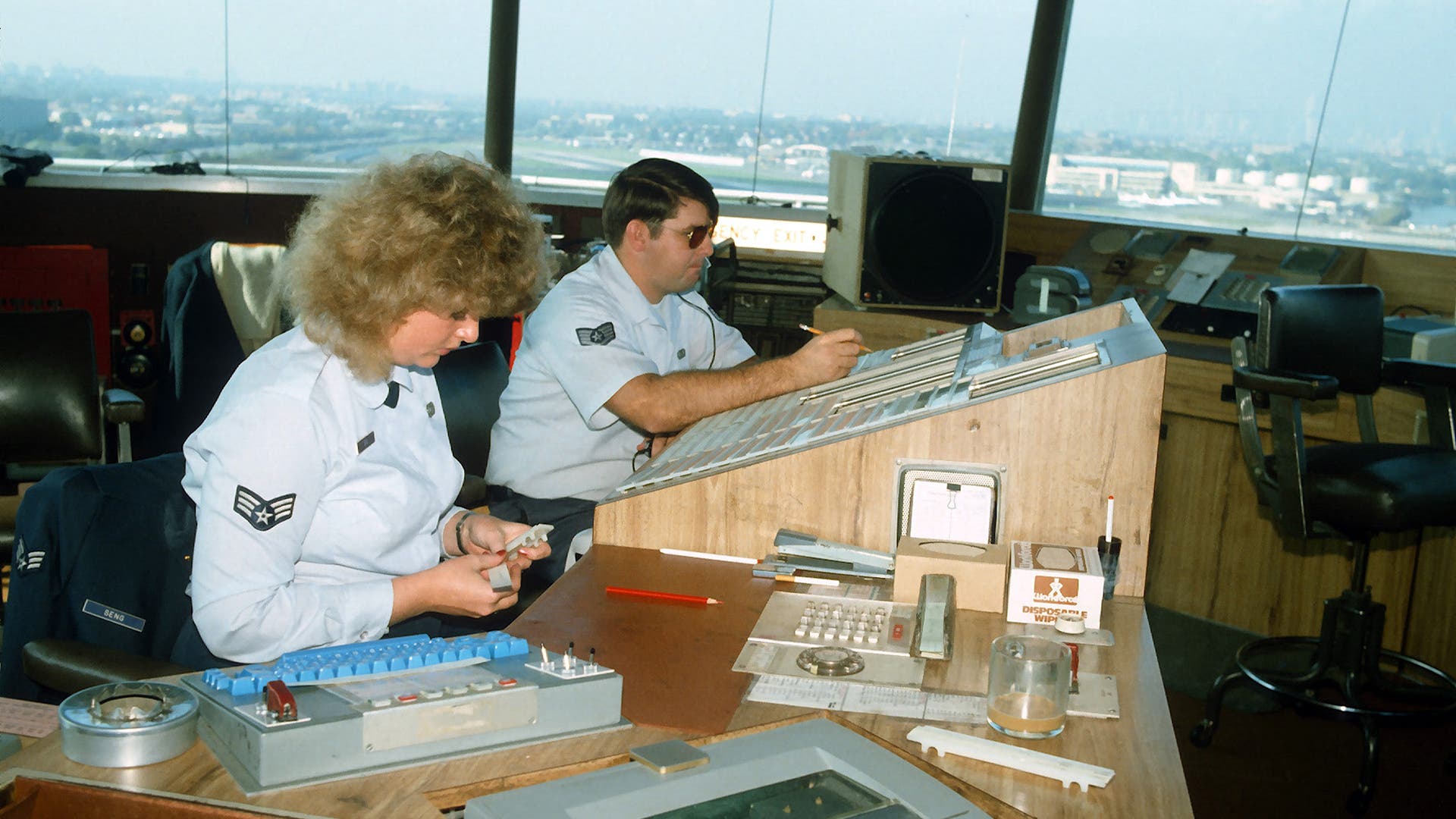 Military Air Force traffic controllers are photographed August 10, 1981 at La Guardia airport in New York City after they replaced PATCO striking workers. President Reagan fired the 11,345 striking air traffic controllers who ignored the order to return to work and banned them from federal service for life.